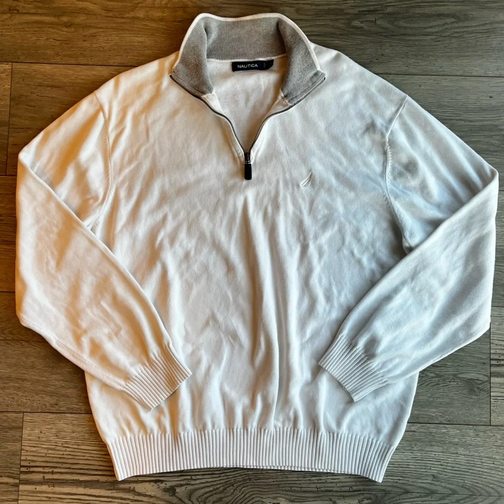 Nautica Men’s White Cream Cotton Quarter Zip Sweater with Leather Zipper XL